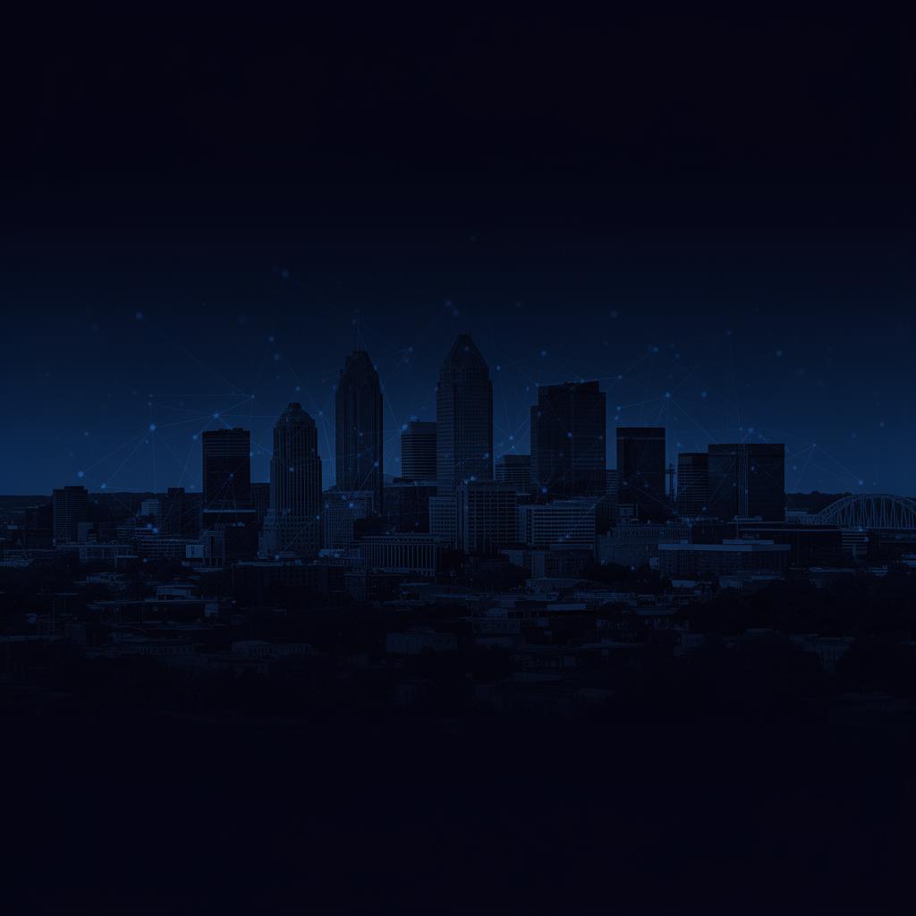 Richmond, Virginia skyline at twilight with network connections